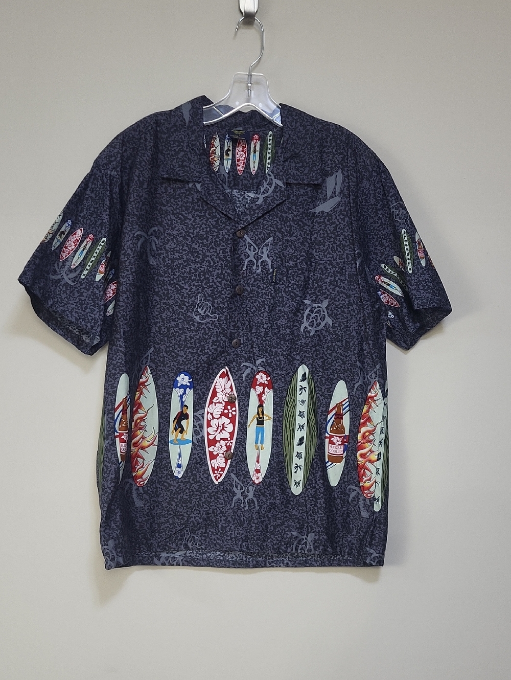 PALMWAVE HAWAII Gray Black Cotton Surfboard Short Sleeve Resort Hawaiian Shirt